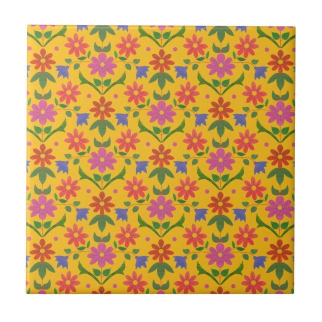 Flowers and Polka Dots on Yellow, Ceramic Tile (Front)