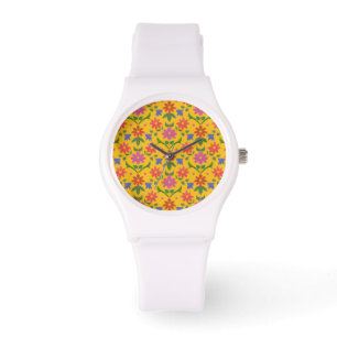 Flowers and Polka Dots on Yellow Sporty Wristwatch