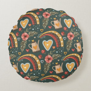 Flowers and Rainbows Boho Pattern Round Pillow