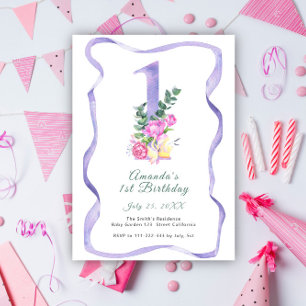 Flowers and ribbon number 1st Birthday Party Invitation