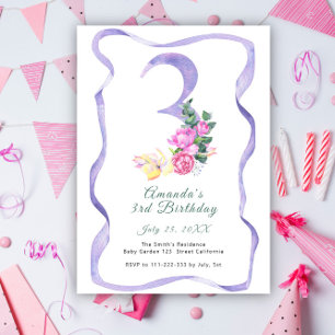 Flowers and ribbon number 3rd Birthday Party  Invitation