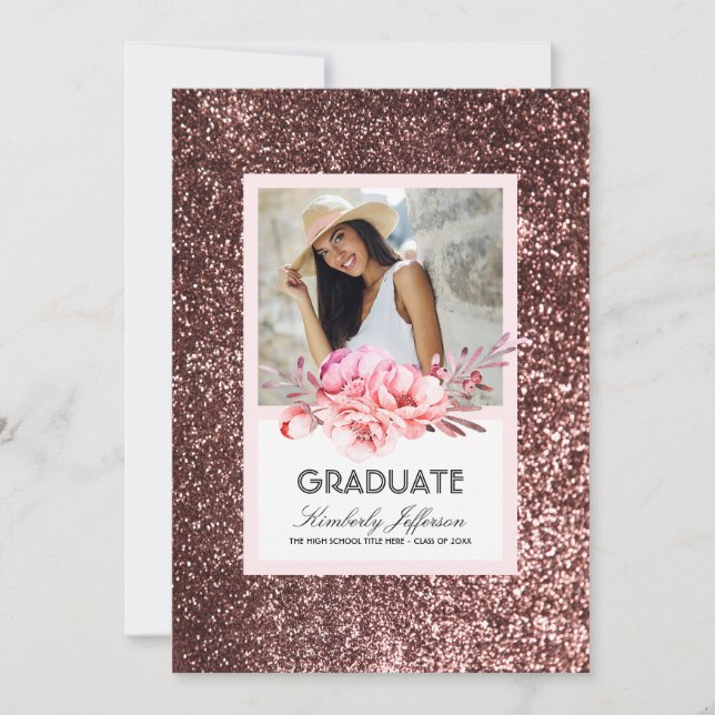 Flowers and Rose Gold Glitter Photo Graduation Invitation (Front)