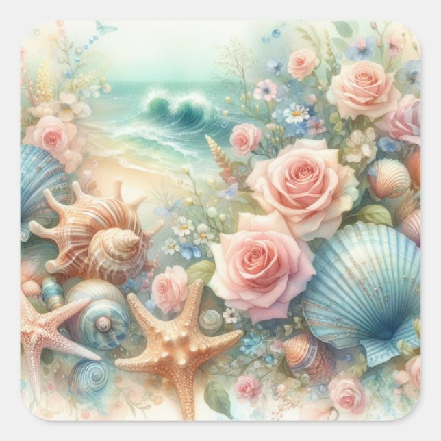Flowers and seashells watercolor in pastel colours square sticker (Front)