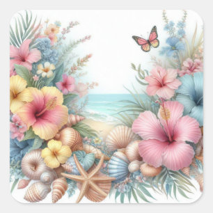 Flowers and seashells watercolor in pastel colours square sticker