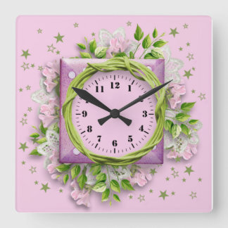Flowers and stars pink square wall clock