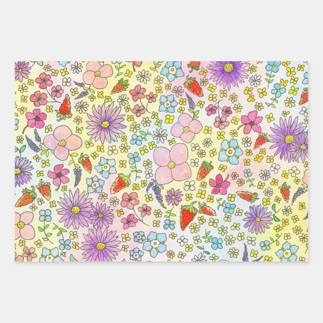 Flowers and Strawberries Wrapping Paper (Front)