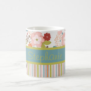 Flowers and Stripes Personalized Coffee Mug