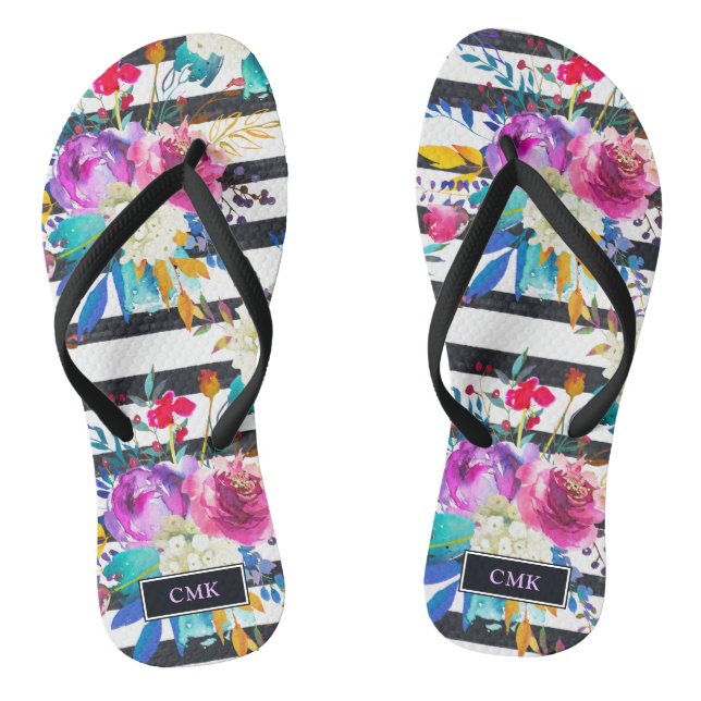 Flowers and Stripes | Trendy and Bright Monogram Flip Flops (Footbed)