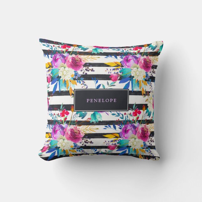 Flowers and Stripes | Trendy and Bright Throw Pillow (Front)