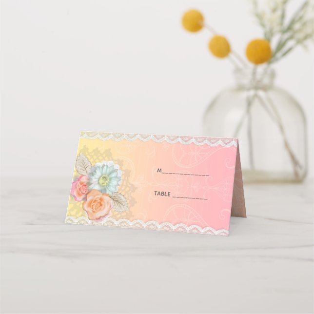 Flowers And White Lace Place Card (Front)