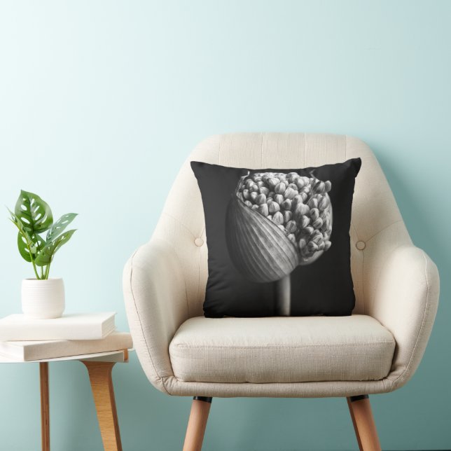 Flowers | B&W Allium Flower Bud Throw Pillow (Chair)