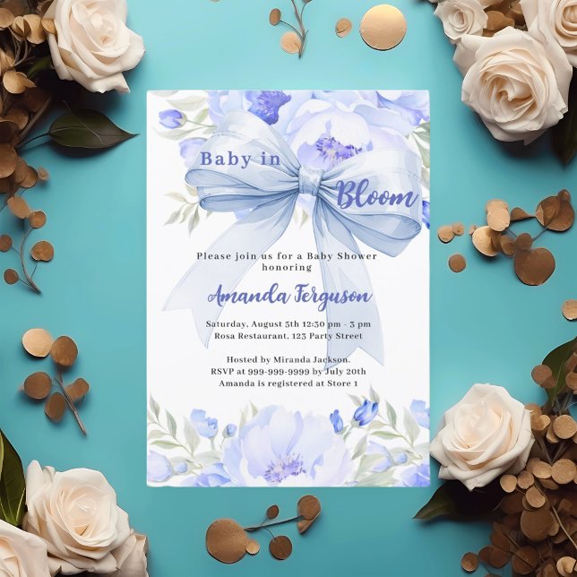 Flowers baby in bloom blue bow boy Baby Shower Invitation (Creator Uploaded)