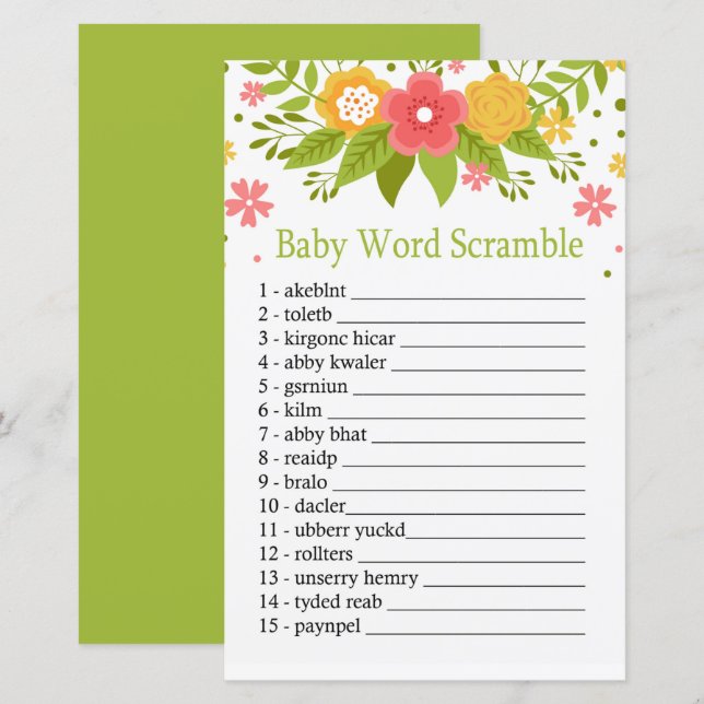 Flowers Baby word scramble game (Front/Back)