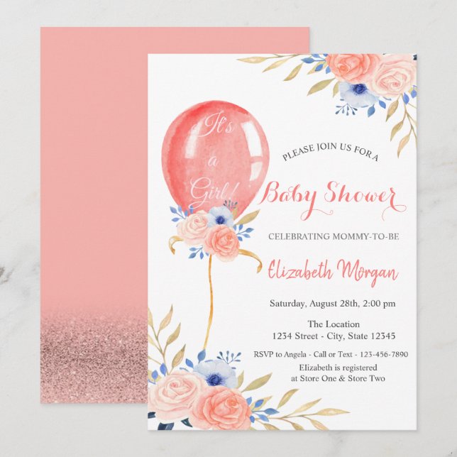Flowers Balloon Baby Shower Invitation (Front/Back)