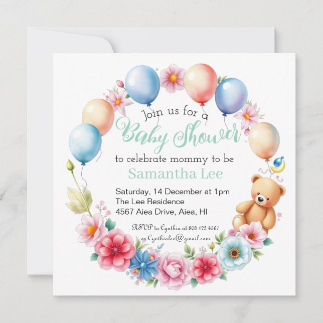 Flowers, balloons, teddy bear baby shower invitation (Front)