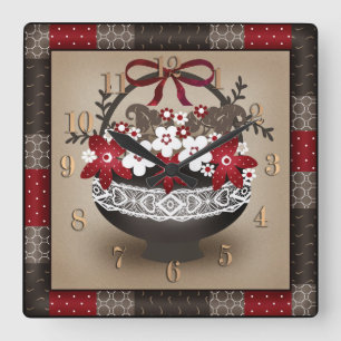 Flowers basket lace frame design floral vintage re square wall clock