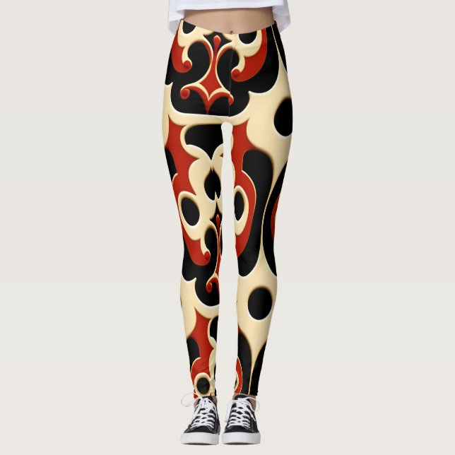 Flowers Batik Red Floral Pattern Leggings (Front)