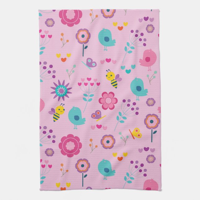 Flowers Bees And Birds Kitchen Towel (Vertical)