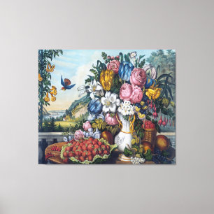 Flowers Bird Fruit Still Life Canvas Print
