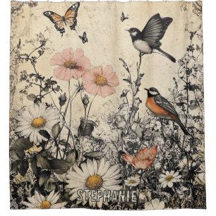Flowers, Birds & Butterfly on Aged Paper (1)