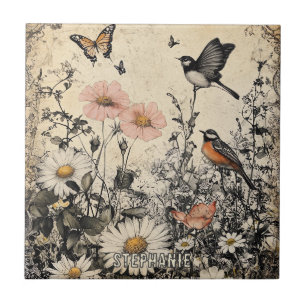 Flowers, Birds & Butterfly on Aged Paper (1) Tile