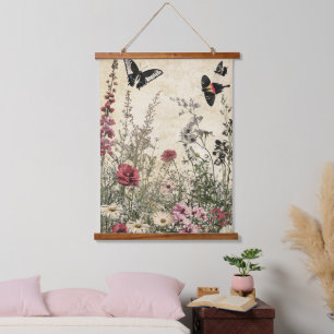 Flowers, Birds & Butterfly on Aged Paper (2) Hanging Tapestry
