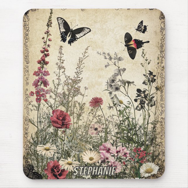 Flowers, Birds & Butterfly on Aged Paper (2) Mouse Pad (Front)