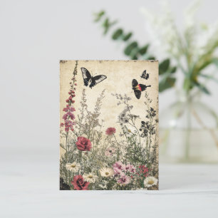 Flowers, Birds & Butterfly on Aged Paper (2) Postcard