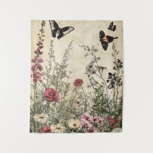 Flowers, Birds & Butterfly on Aged Paper (2) Tapestry