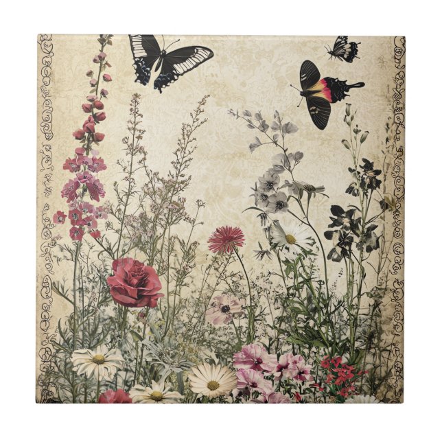 Flowers, Birds & Butterfly on Aged Paper (2) Tile (Front)