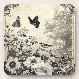 Flowers, Birds & Butterfly on Aged Paper (3) Coaster
