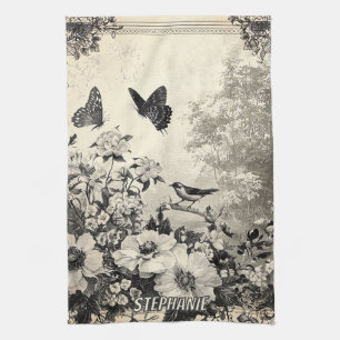 Flowers, Birds & Butterfly on Aged Paper (3) Kitchen Towel