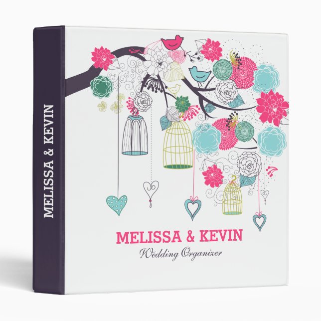 Flowers, Birds Cages And Hearts Wedding Design Binder (Front/Spine)