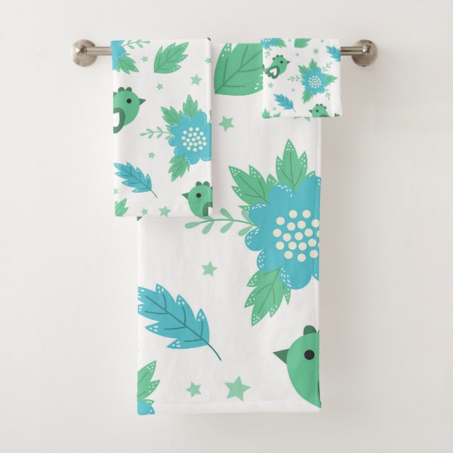 Flowers Birds Pattern Bath Towel Set (Insitu)