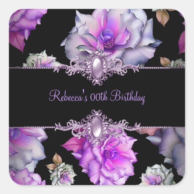 Flowers Black Purple Floral Birthday Party Square Sticker (Front)