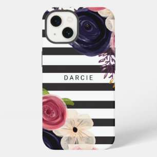 Flowers Black White Striped Personalized iPhone 13 Case