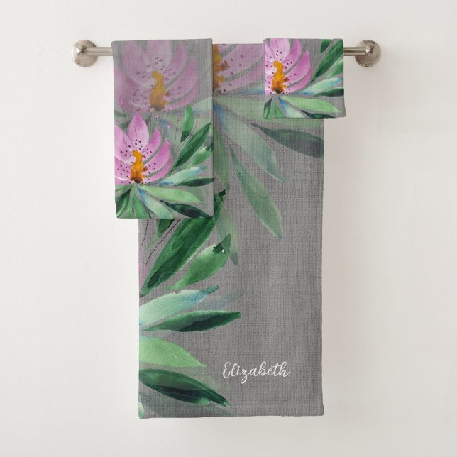 Flowers Bloom Lilac Pink Watercolor Monogrammed Bath Towel Set (Insitu)