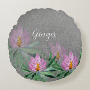 Flowers Bloom Violet Watercolor Art Monogrammed Round Pillow