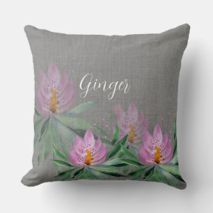 Flowers Bloom Violet Watercolor Art Monogrammed Throw Pillow