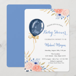 Flowers Blue Balloon Baby Shower Invitation