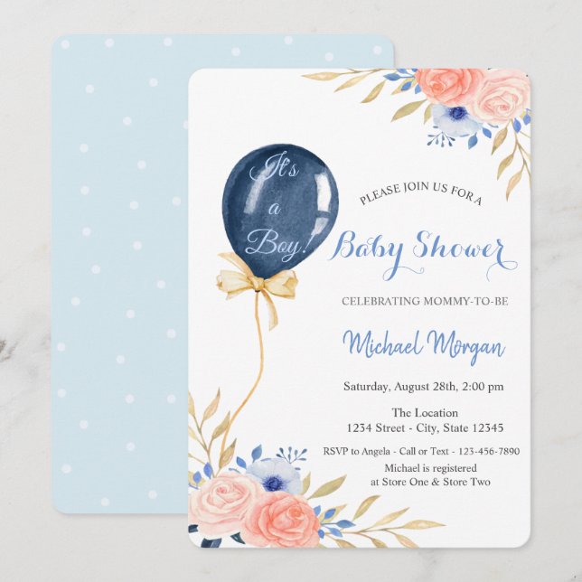 Flowers Blue Balloon,Dots Baby Shower Invitation (Front/Back)