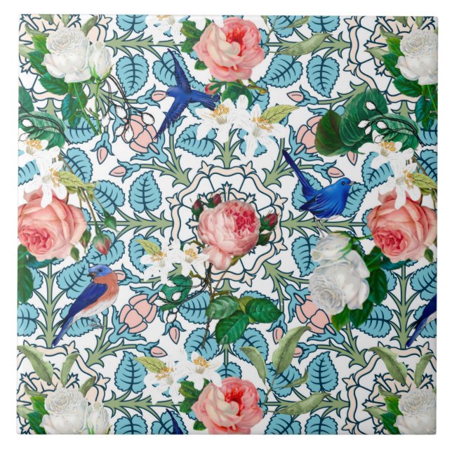 Flowers,blue birds,art nouveau ,summer   tile (Front)