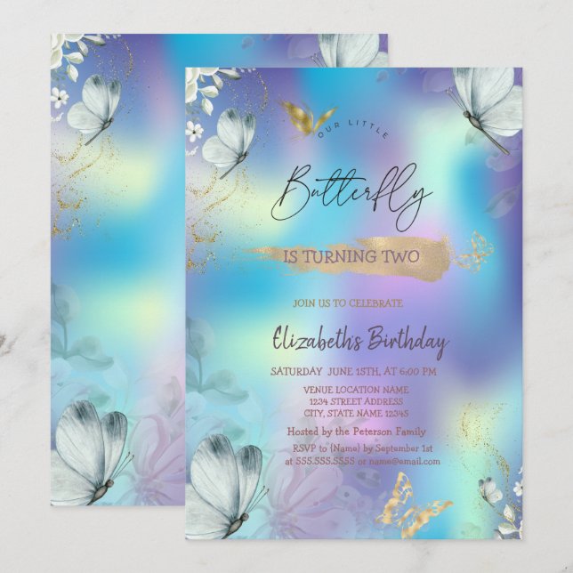  Flowers Blue Butterflies Holographic Birthday Invitation (Front/Back)