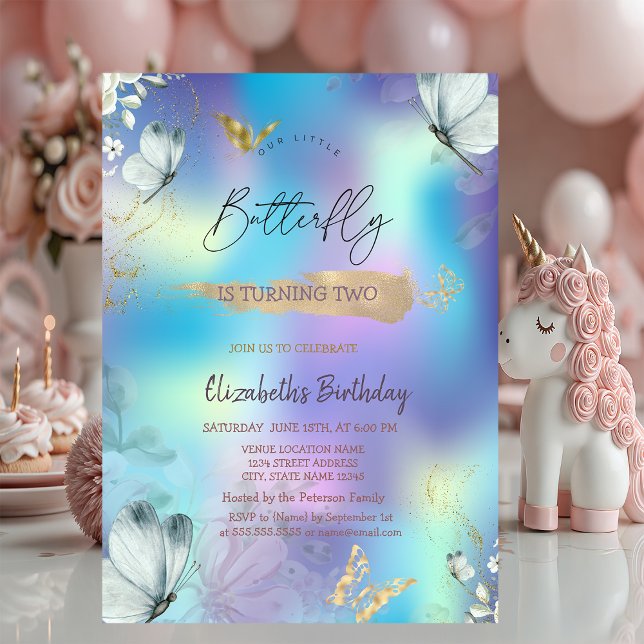  Flowers Blue Butterflies Holographic Birthday Invitation (Creator Uploaded)