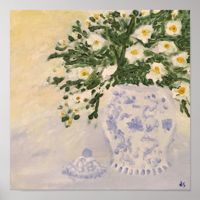 Flowers Blue & White Ginger Jar Art Print Canvas (Front)