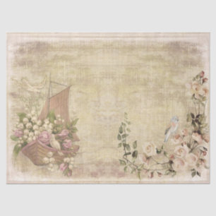 Flowers, Boat and Birds on Distressed Decoupage Tissue Paper