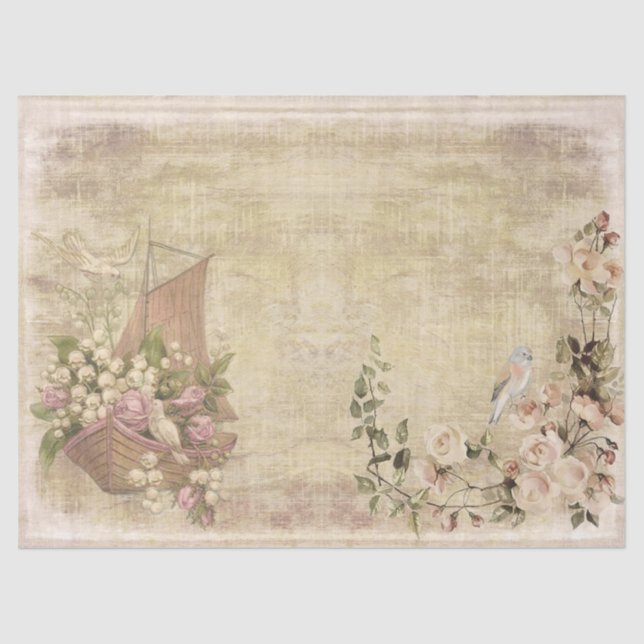Flowers, Boat and Birds on Distressed Decoupage Tissue Paper (Front)