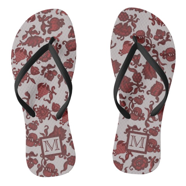 Flowers Bohemian Chic Floral Boho Red Grey Monogrm Flip Flops (Footbed)