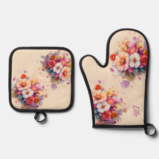 flowers, bouquet, beige, colorful, summer oven mitt & pot holder set