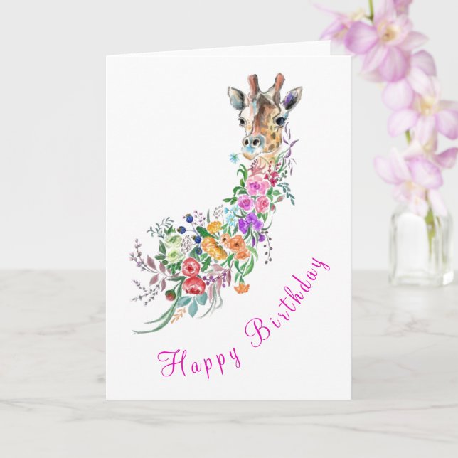 Flowers Bouquet Giraffe Birthday Card (Orchid)